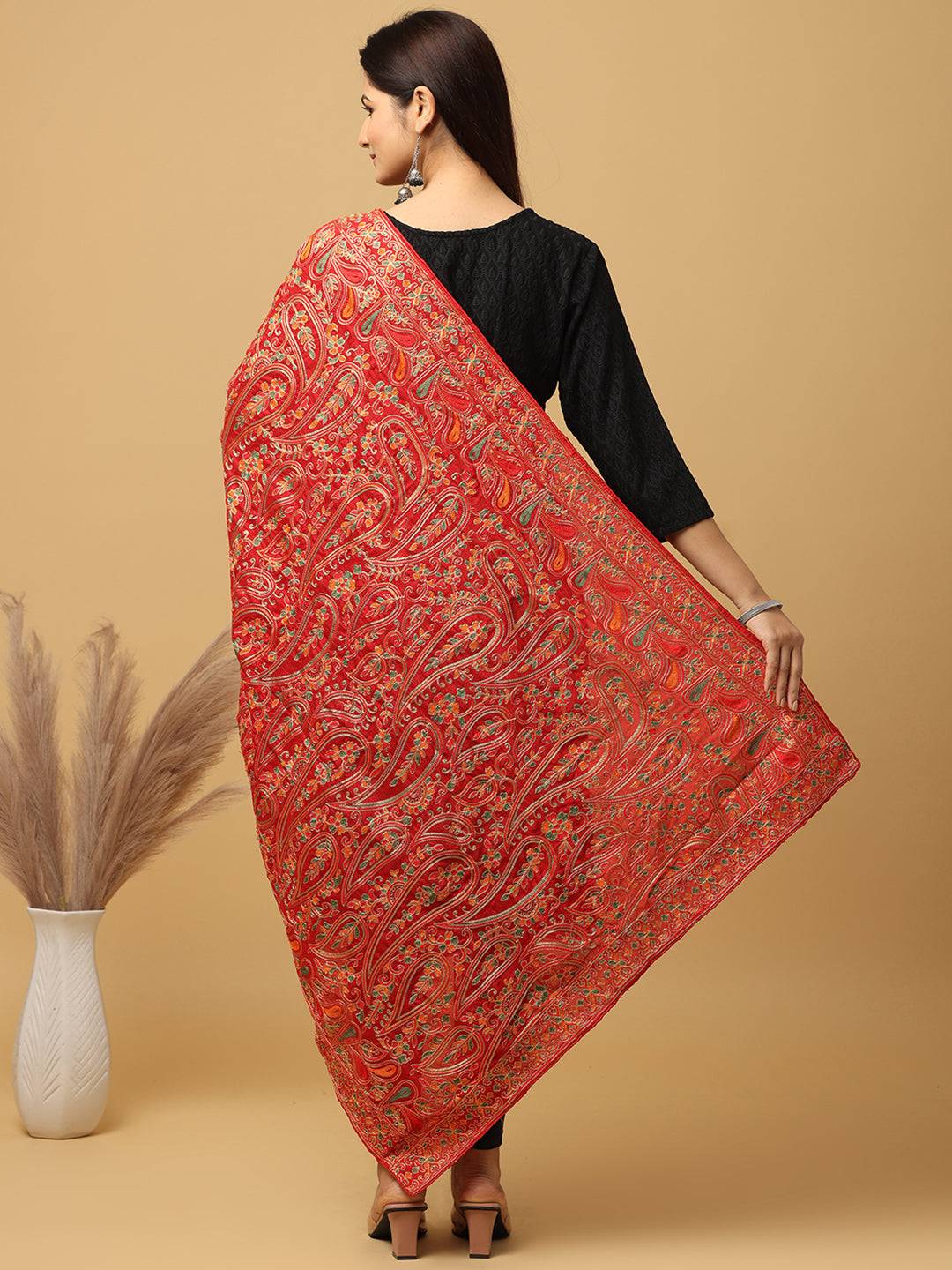 Red Fine Floral Paisley Pashmina Dupatta