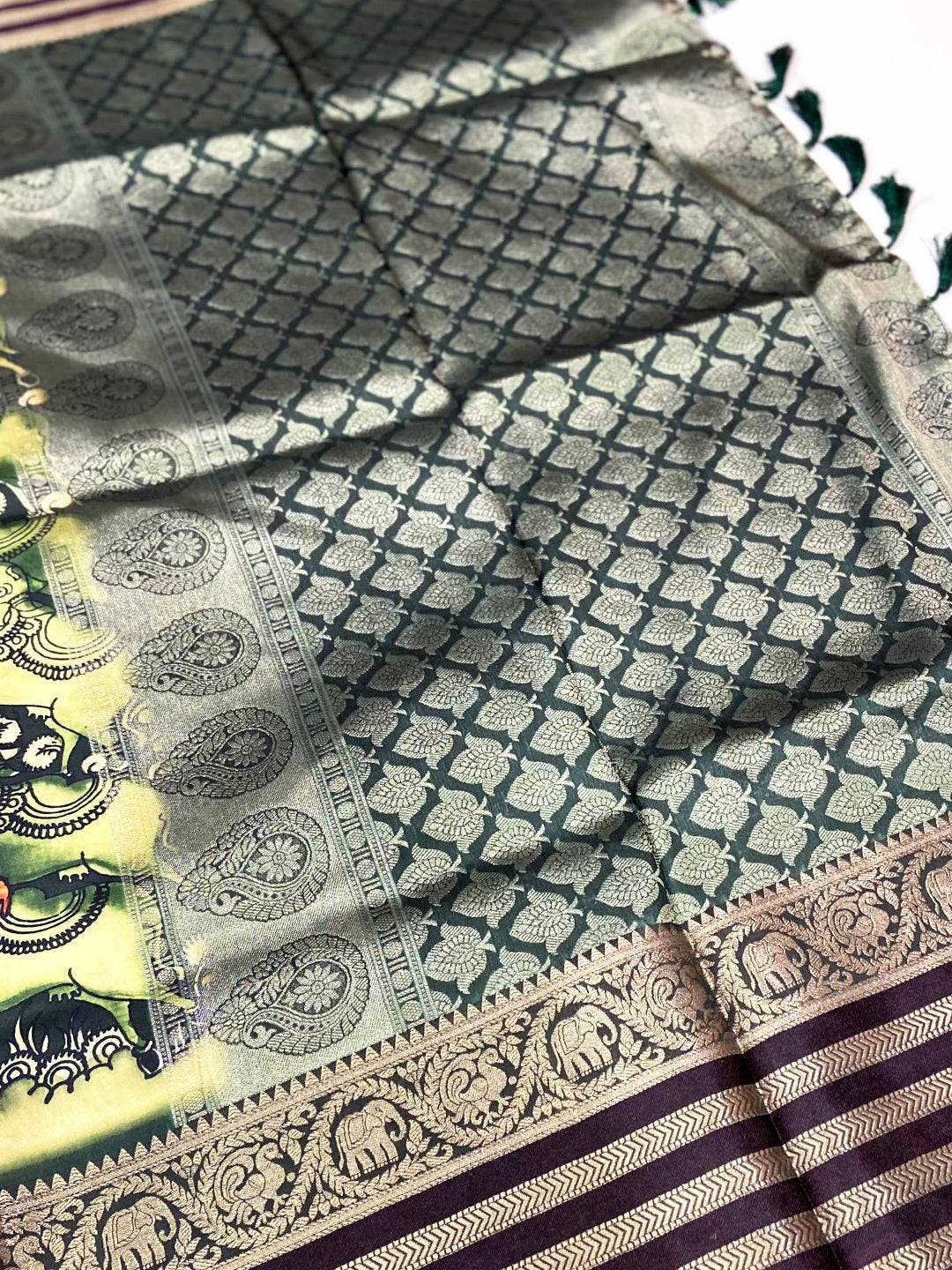 Parrot Green Kalamkari Printed Banarasi Saree