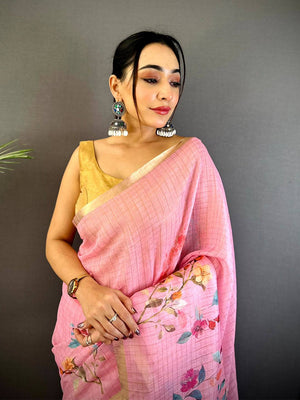 Pink Linen Chex Floral  Saree