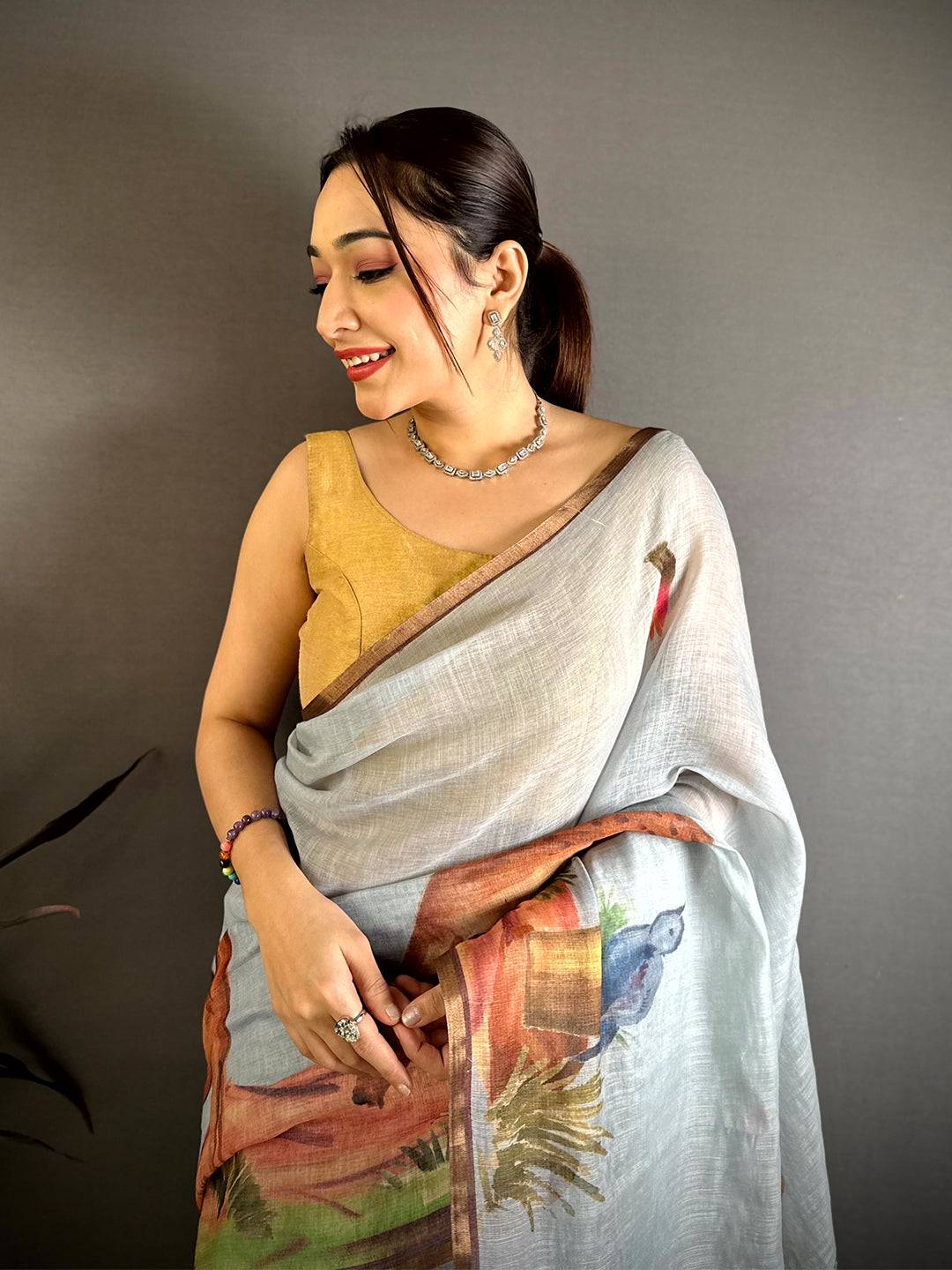 Grey Animal Print Linen Chanderi Saree