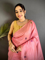 Pink Jamdani Pallu Khadi Linen Saree