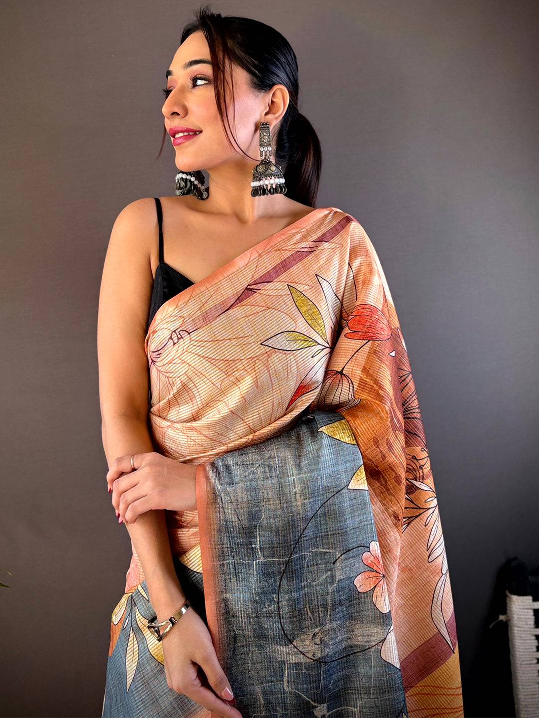 Light Orange Semi Zari Tussar Floral Saree