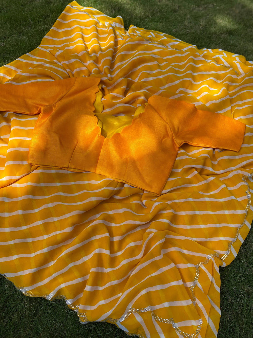 Yellow Georgette Leheriya Print Srone Work Saree