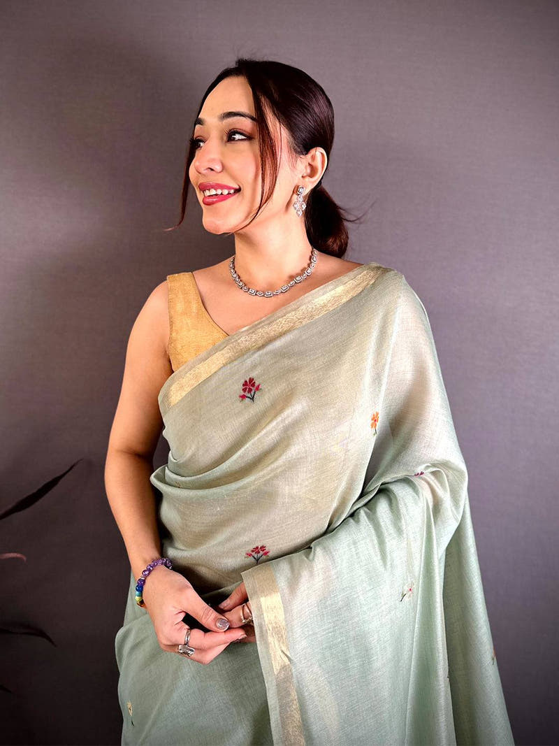 Sky Blue Minakari Khadi Cotton Saree
