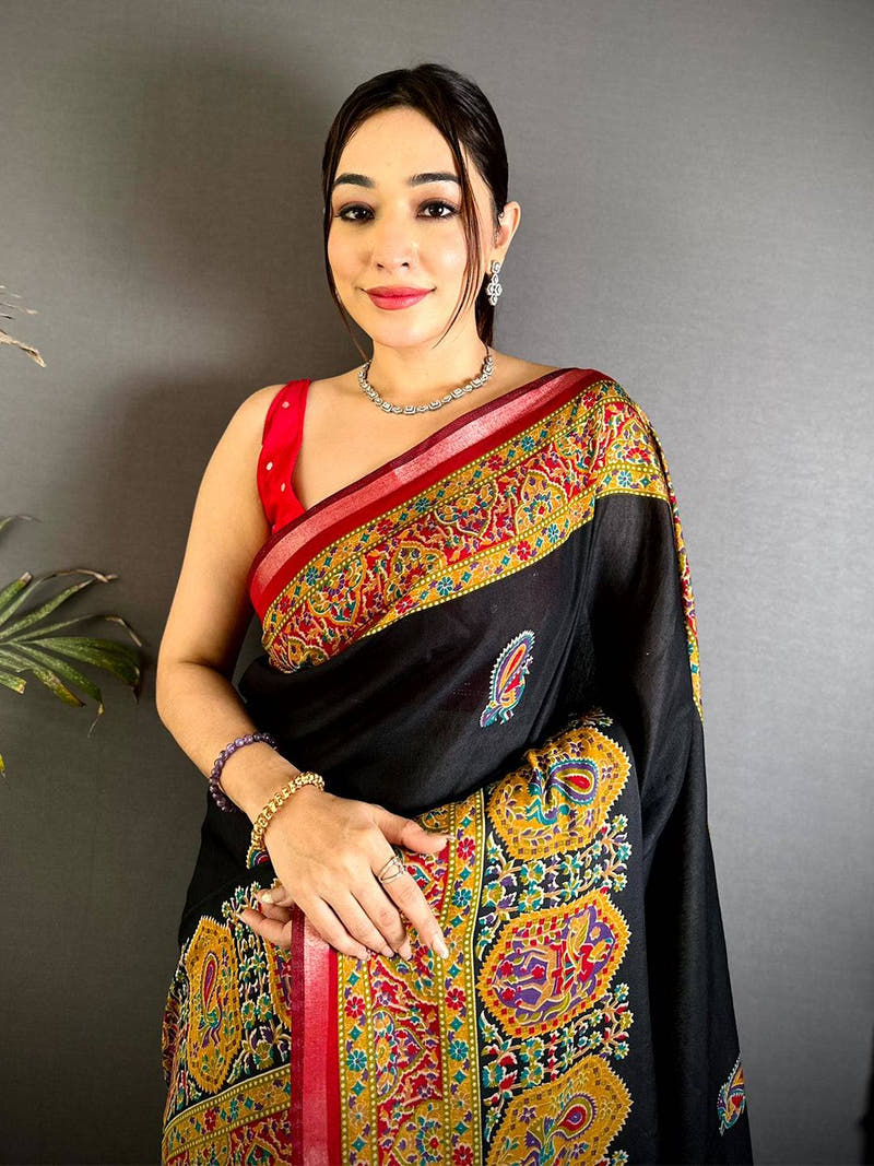 Black Kalamkari Pashmina Cotton Saree