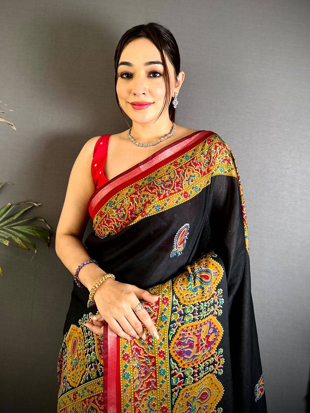Black Kalamkari Pashmina Cotton Saree
