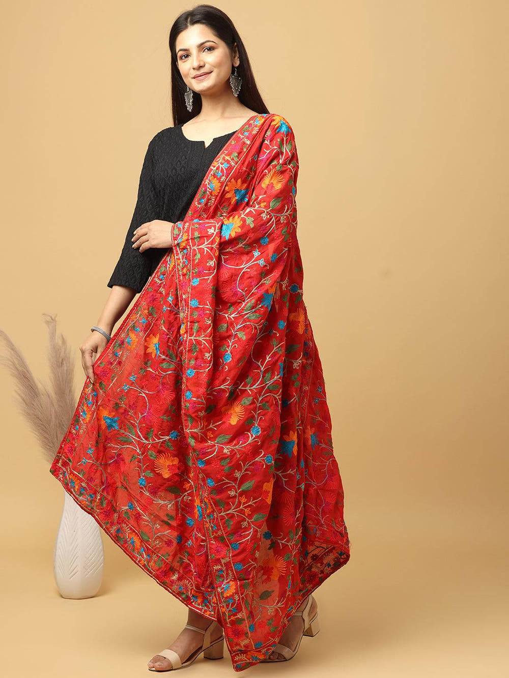 Red Turquoise Sprig Pashmina Dupatta
