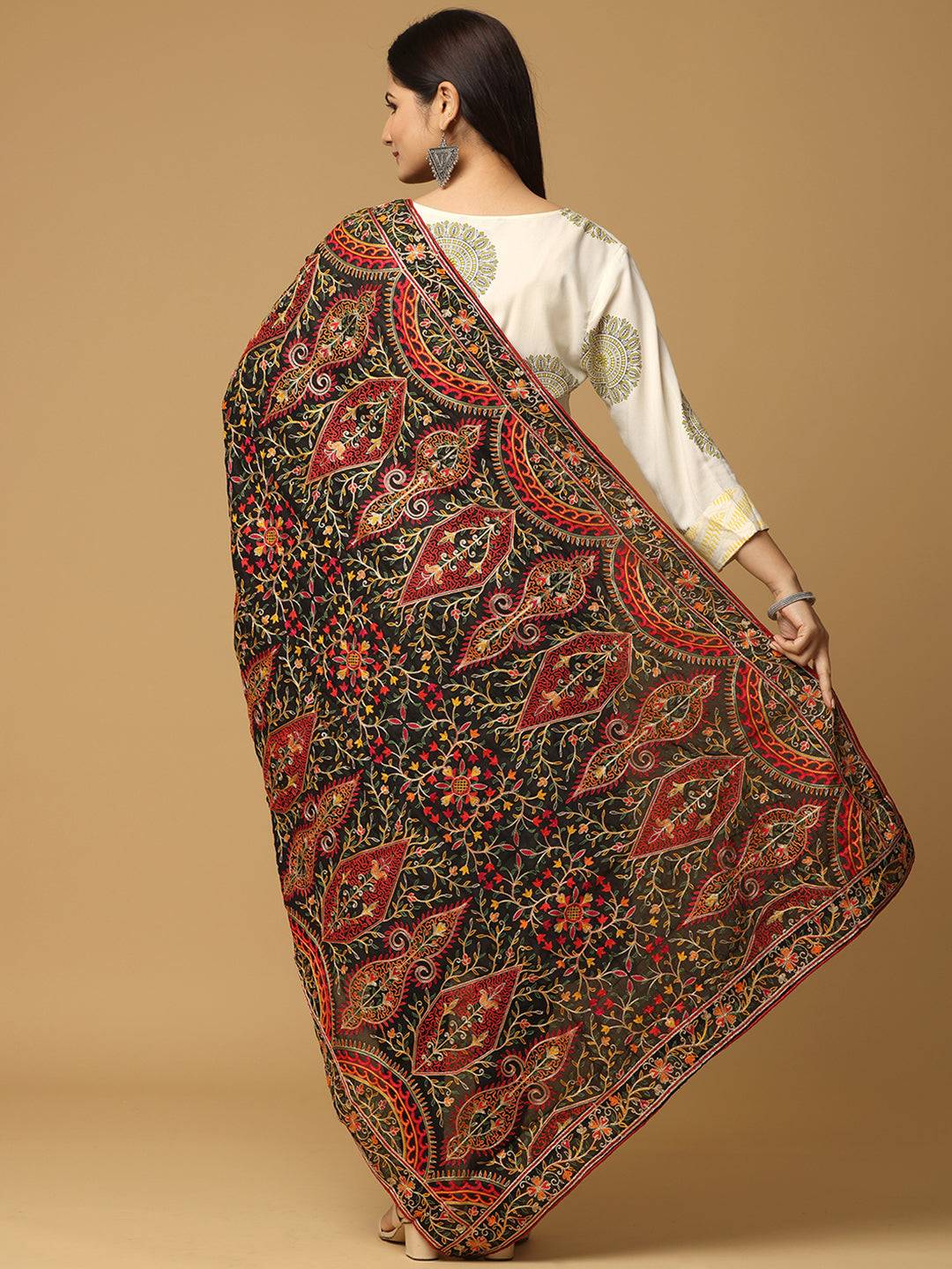Black Olive Floral Paisley Pashmina Dupatta