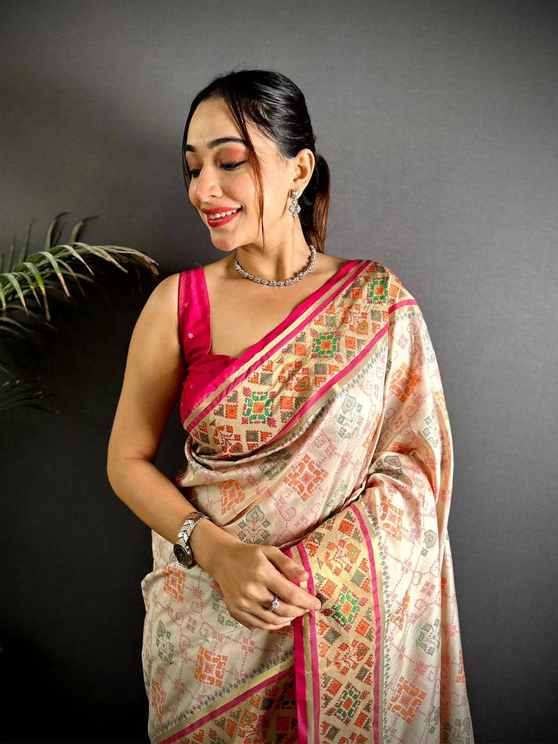 White Pochampally Patola Soft Silk Saree