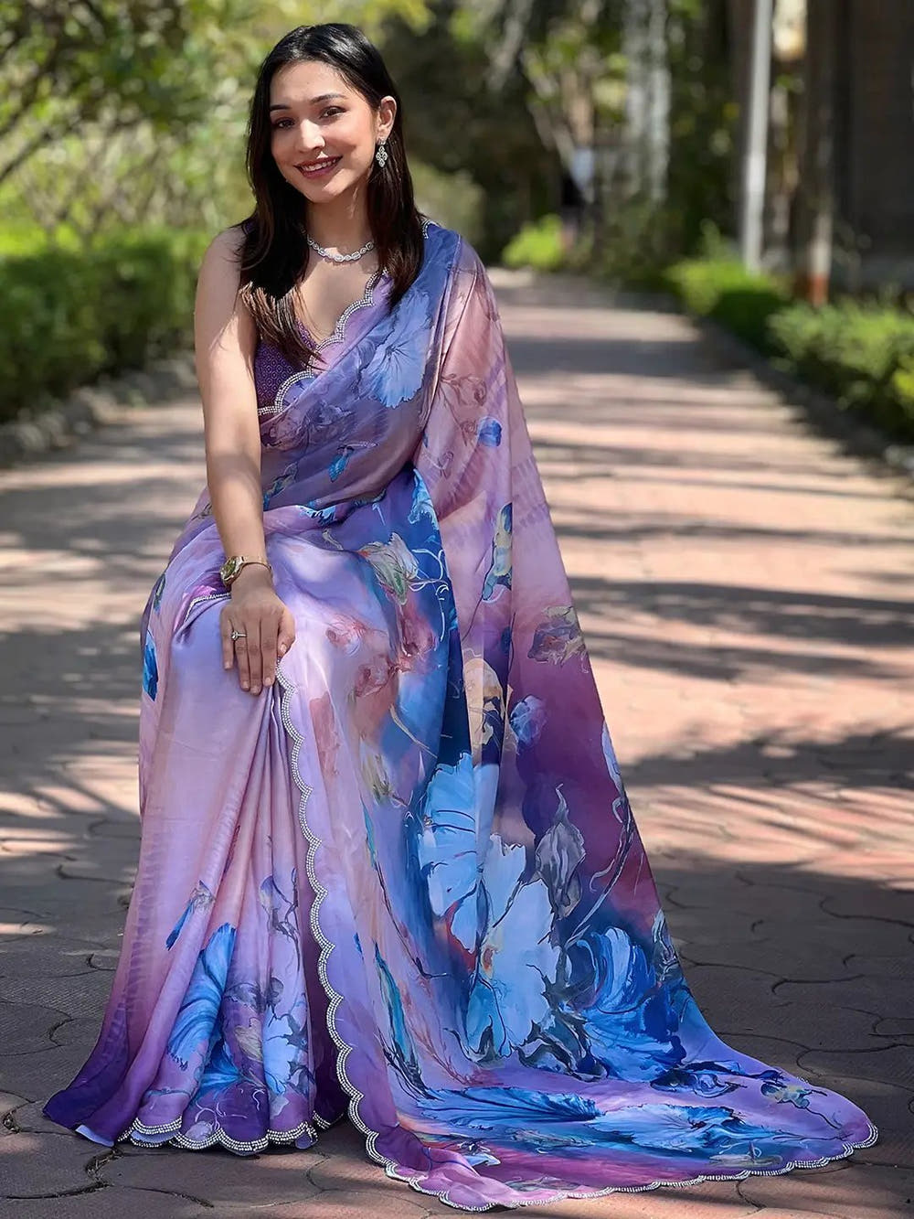 Lust Lavender Satin Georgette Floral Print Saree