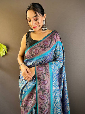 Tufts Blue Patola And Kalamkari Fusion Saree
