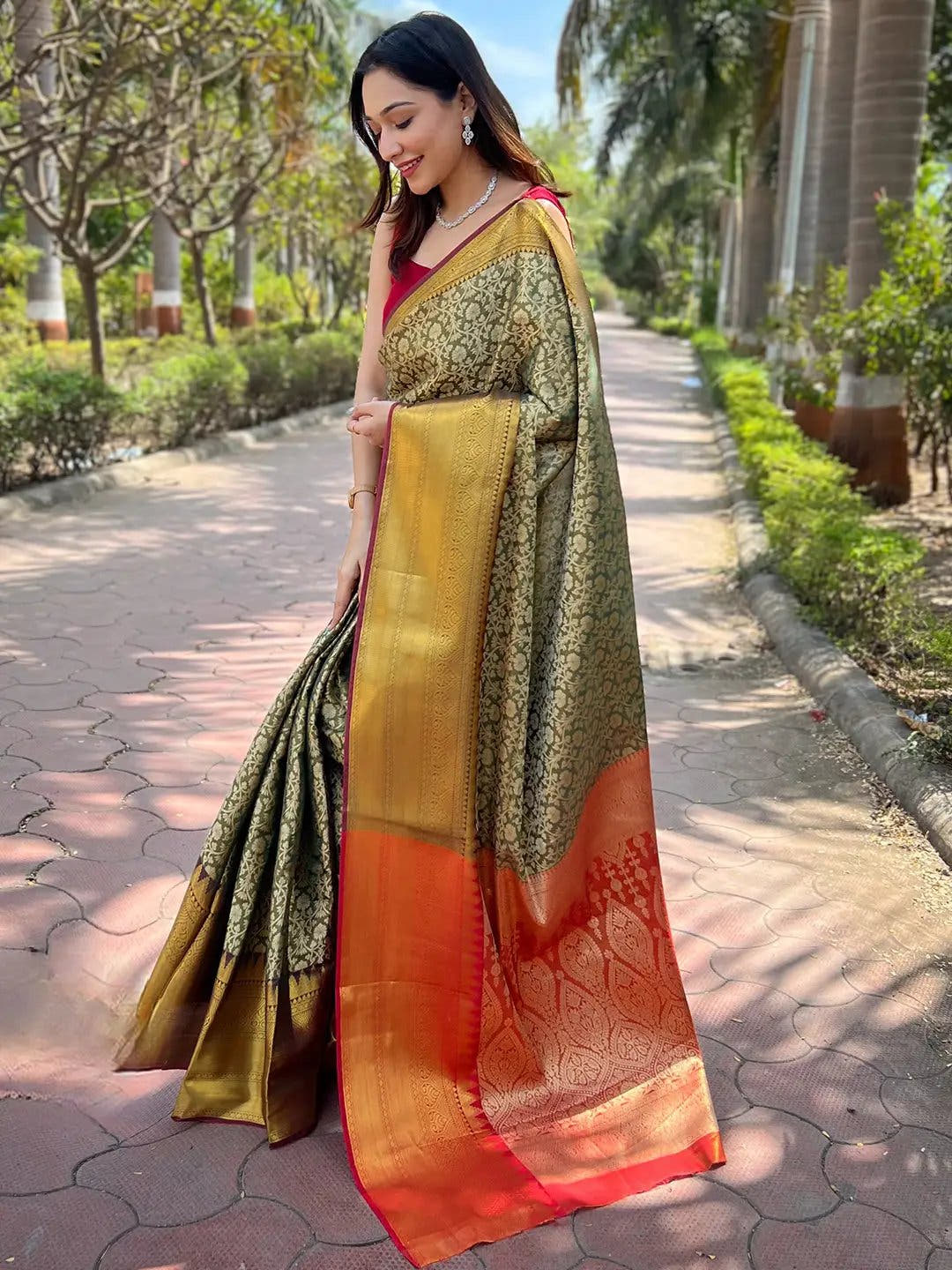 Green Colour One Gram Gold Tissue Saree With Jacquard Woven Work