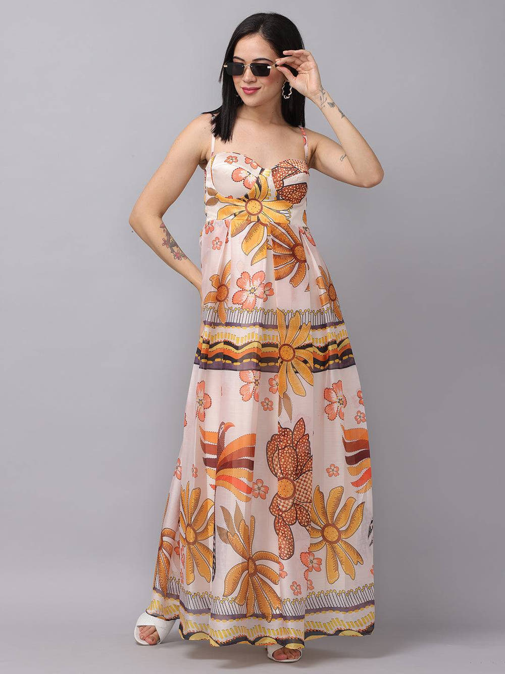 Off White Chiffon Print Dress