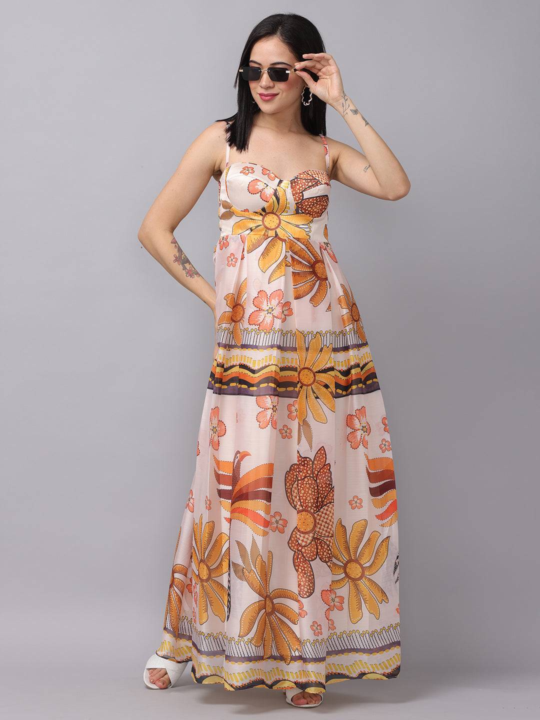 Off White Chiffon Print Dress