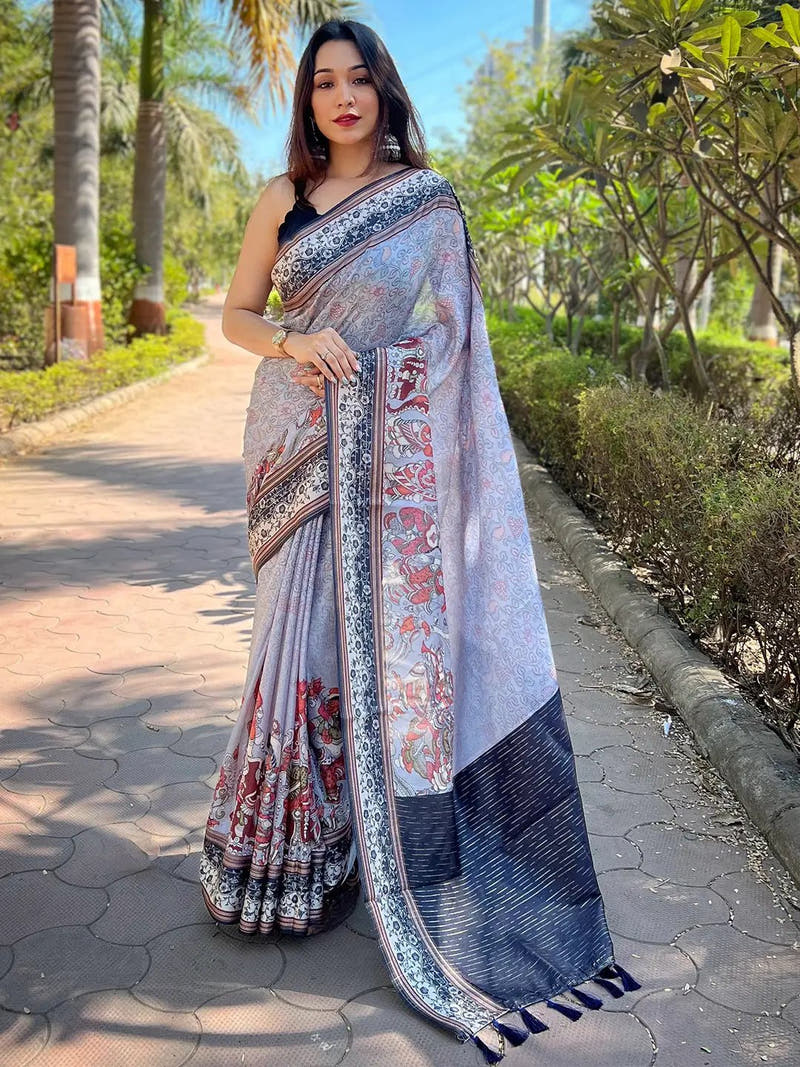 Satin Kota Doria Saree With Kalamkari Digital Print In Lavender Colour