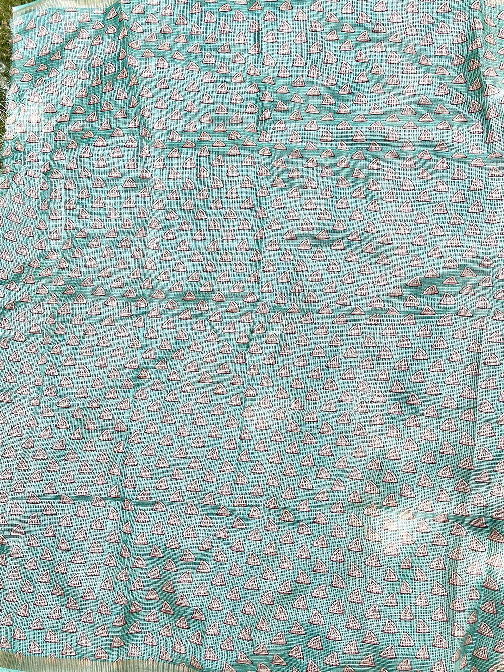 Turquoise Soft Kota Doriya Silk Saree With Flower Kalamkari Print