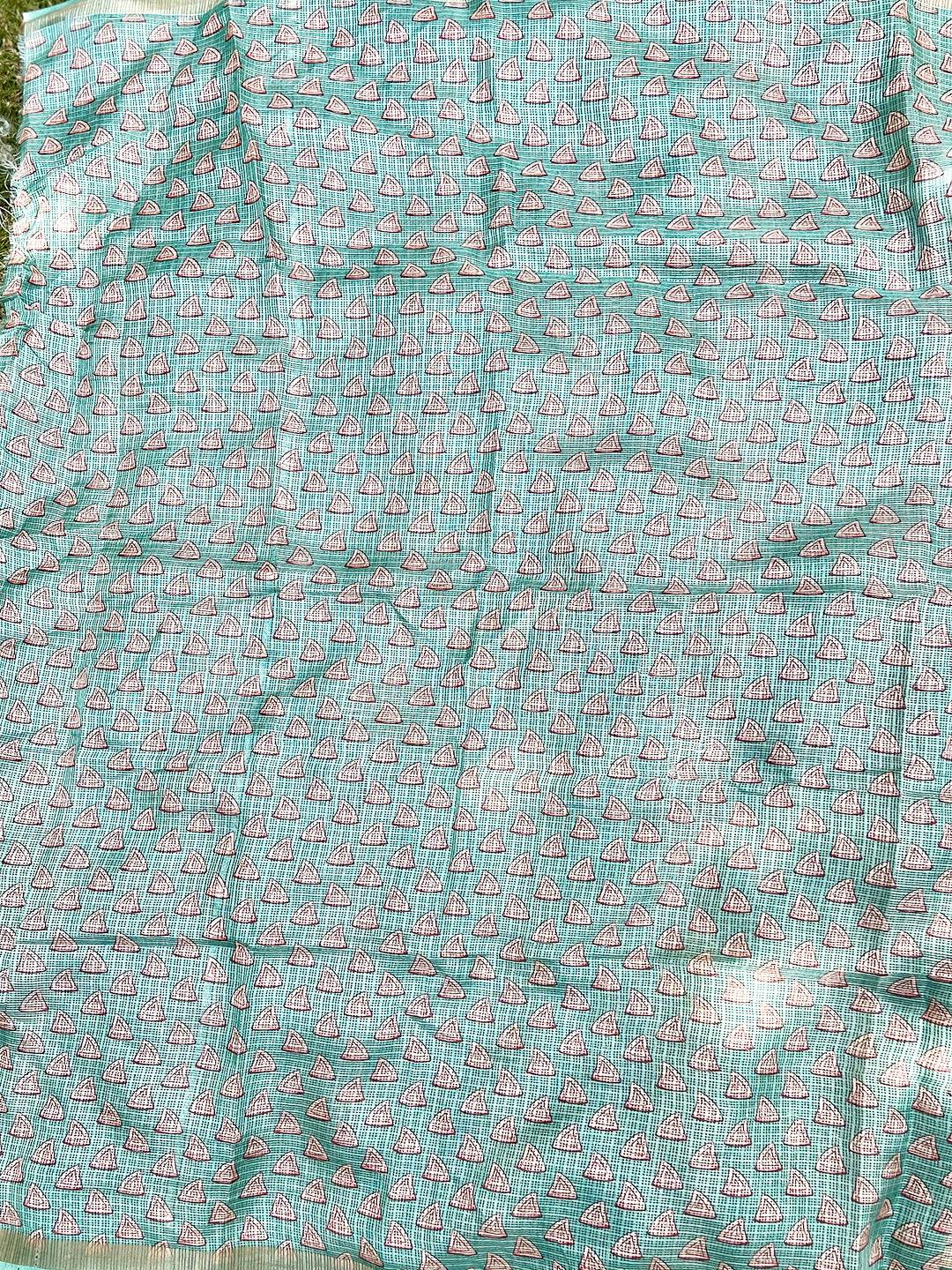 Turquoise Soft Kota Doriya Silk Saree With Flower Kalamkari Print
