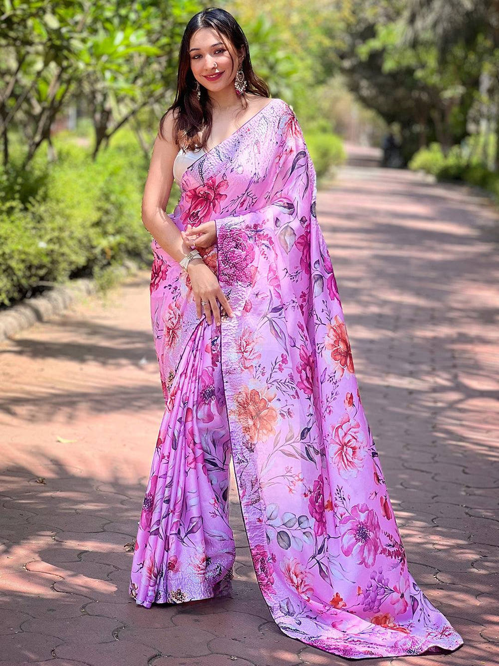 Satin Georgette Pink Floral Digital Print Saree