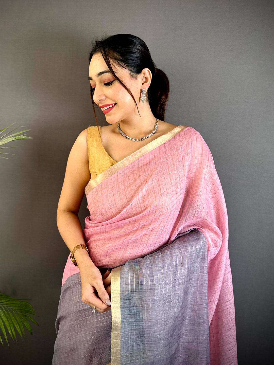 Majestic Linen 90 Zari Check Saree