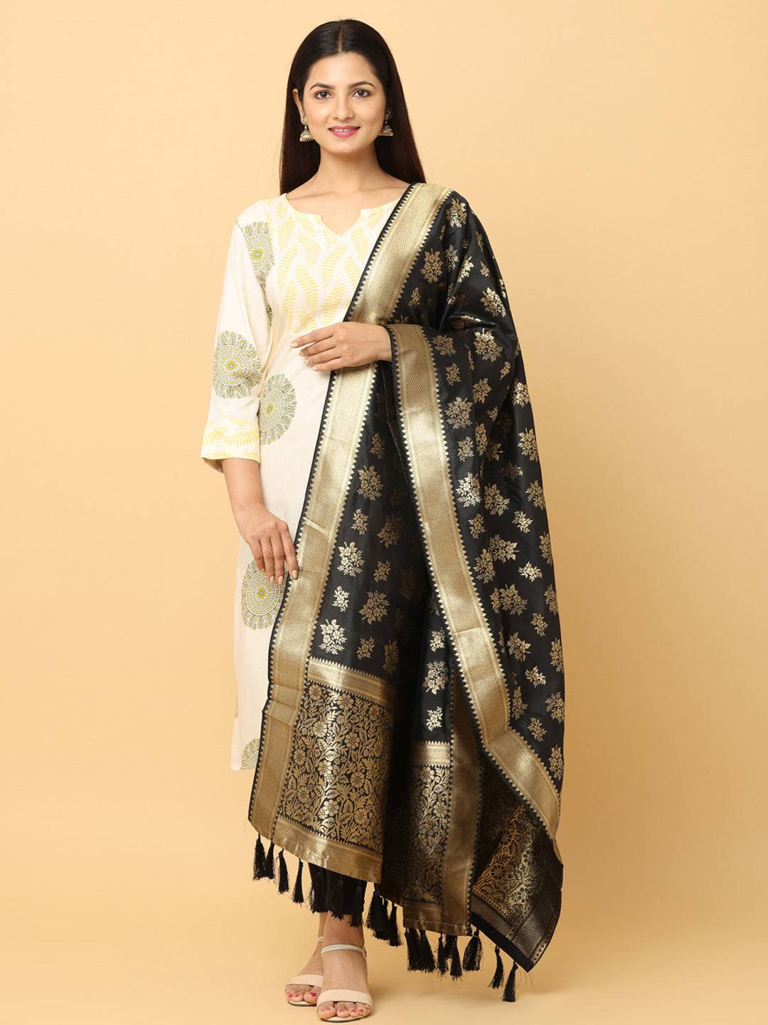 Woven Design Black Silk Blend Dupatta With Resham Tassels