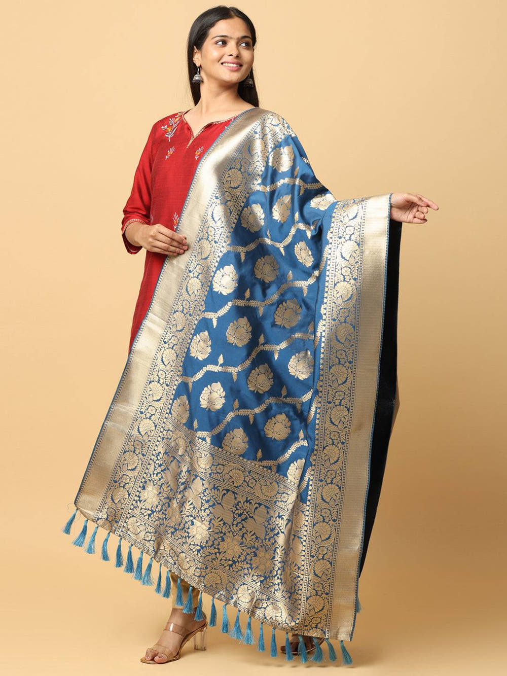 Royal Blue Silk Blend Woven Design Dupatta
