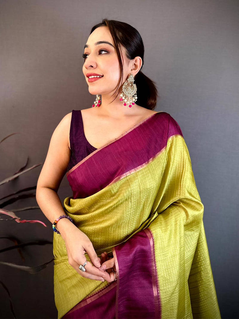 Neon Yellow Tussar Gold Zari 1000 Butti Saree