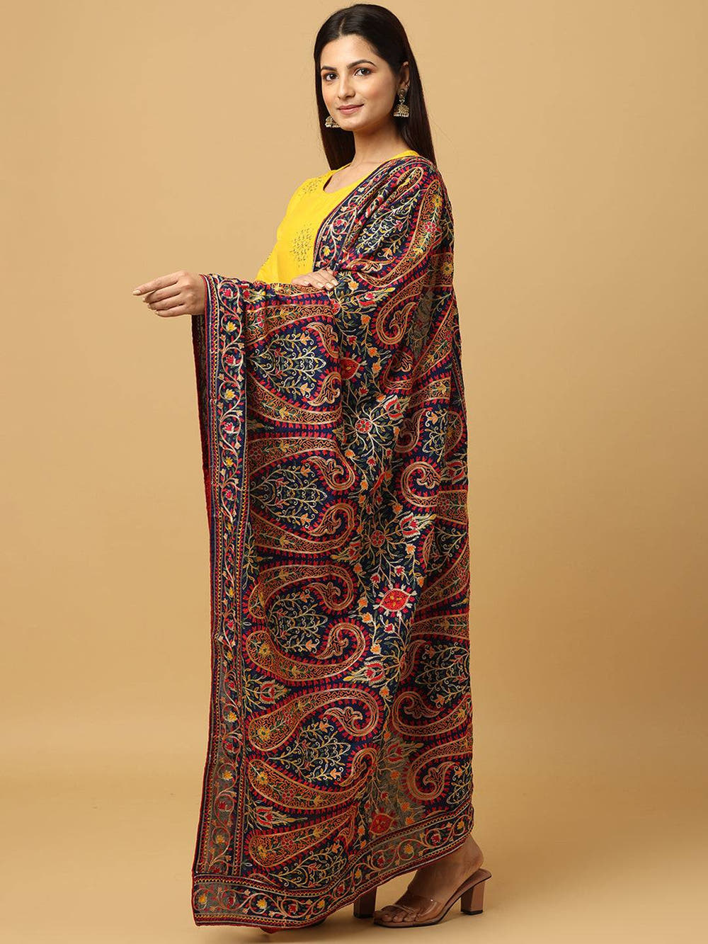 Navy Ornate Paisley Panel Pashmina Dupatta