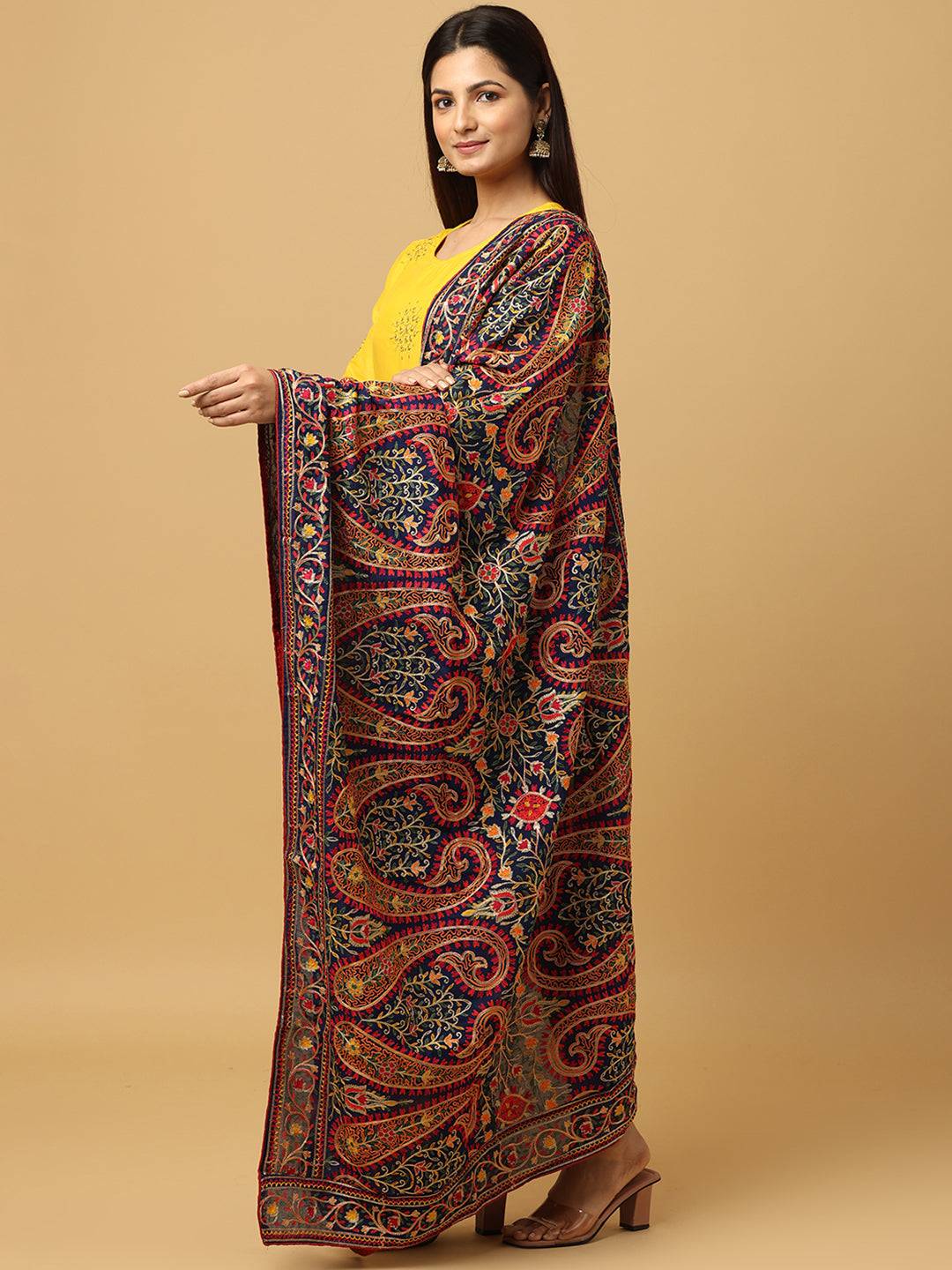 Navy Ornate Paisley Panel Pashmina Dupatta