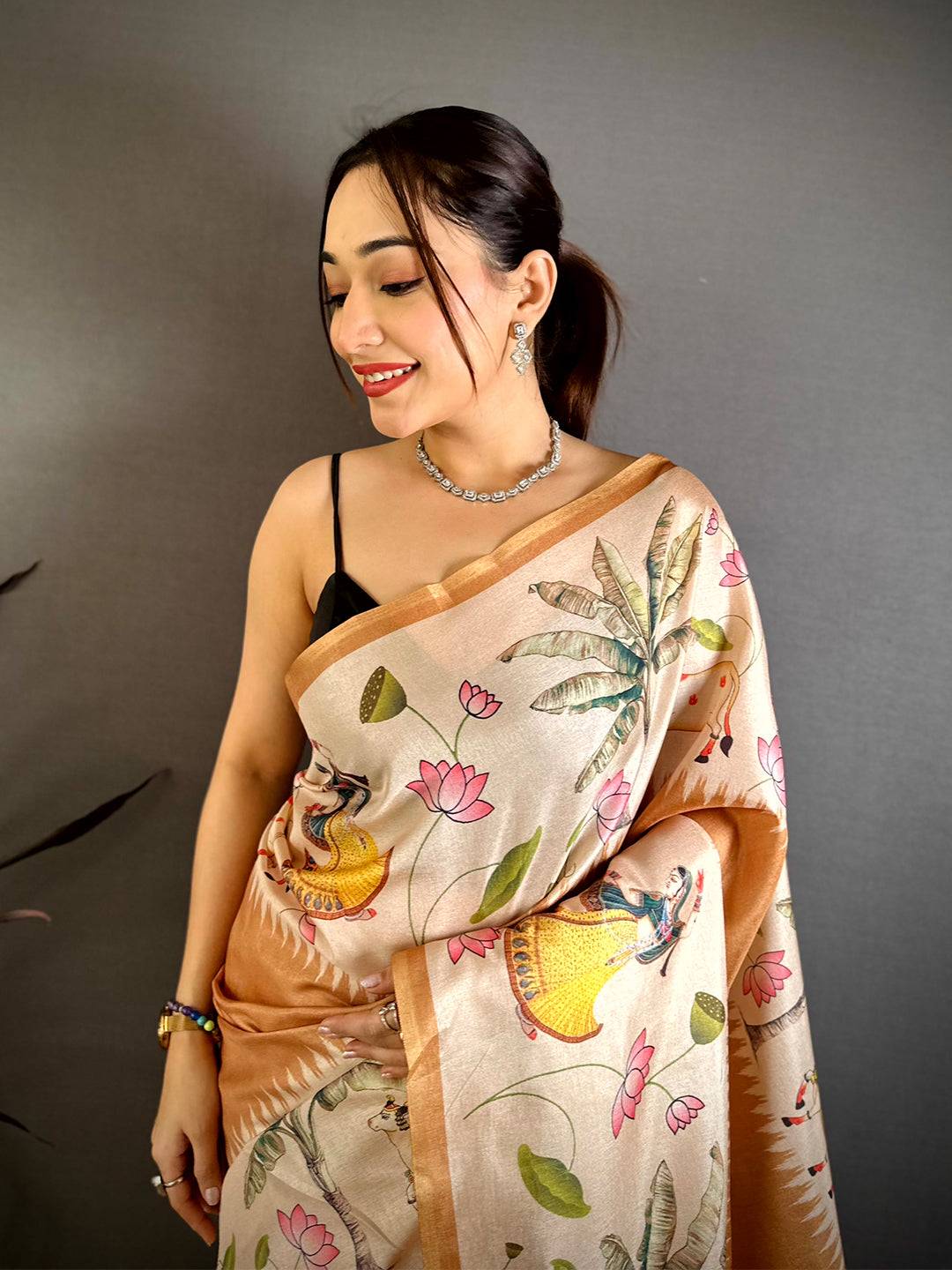 Stylish Pichwai Border Semi Tussar Saree