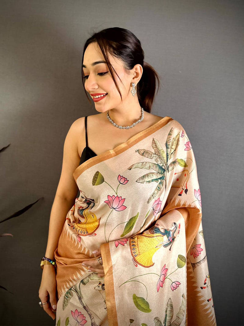 Stylish Pichwai Border Semi Tussar Saree