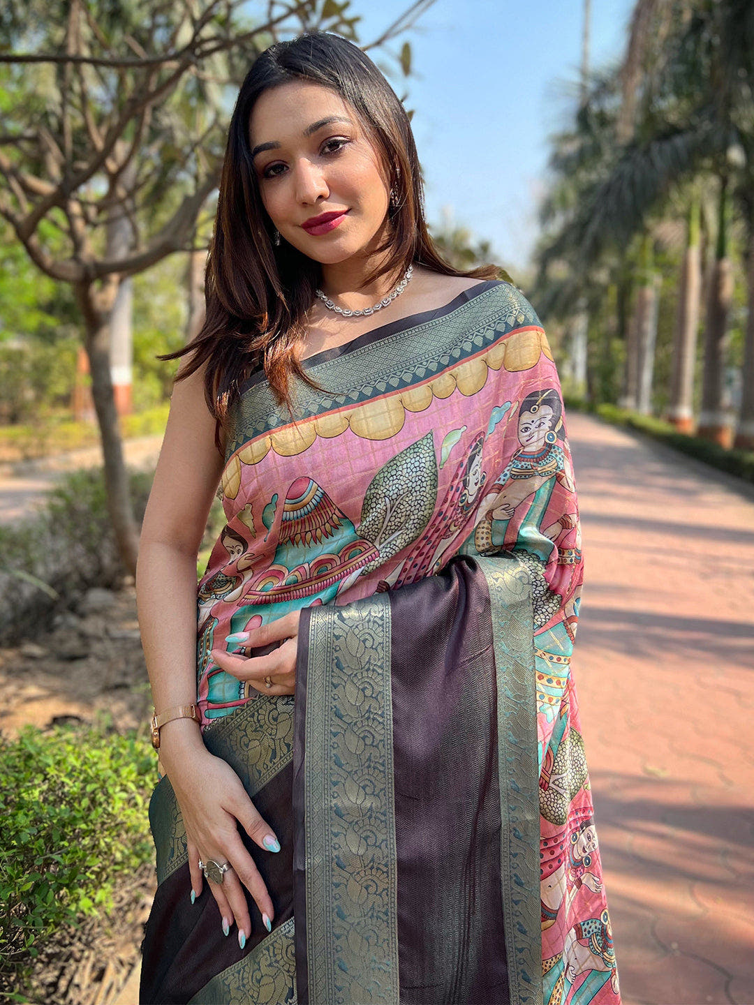 Pink Colour Double Border Chex Weaving Banarasi Soft Silk Saree