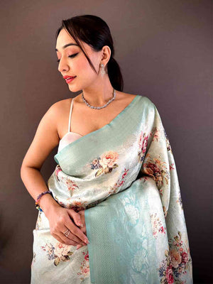 Mint Green Kanjivaram Digital Silk Saree