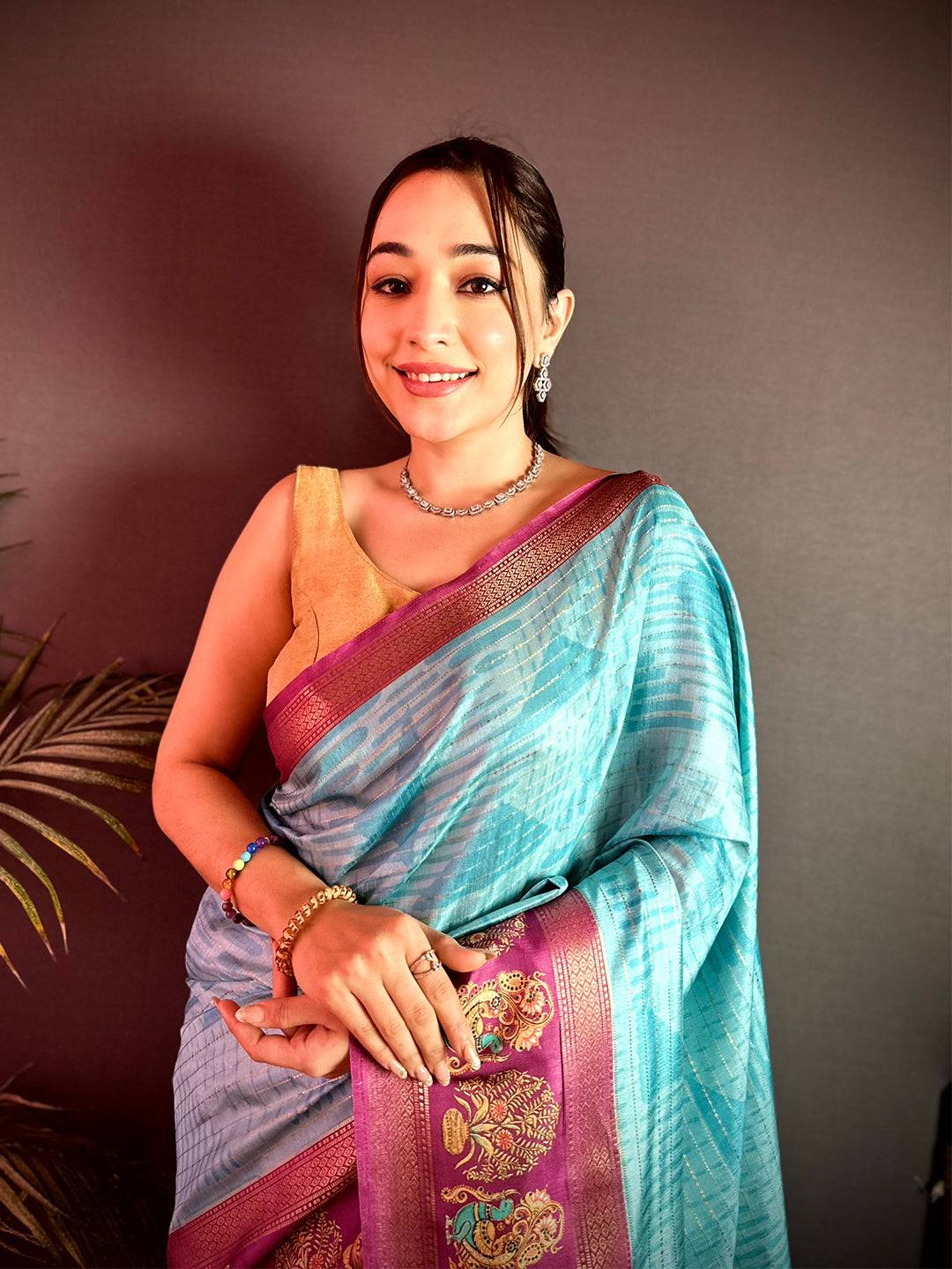 Opulent Tanjore Geometric Semi Silk Saree