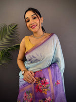 Sky Blue Linen Chanderi Floral Print Saree