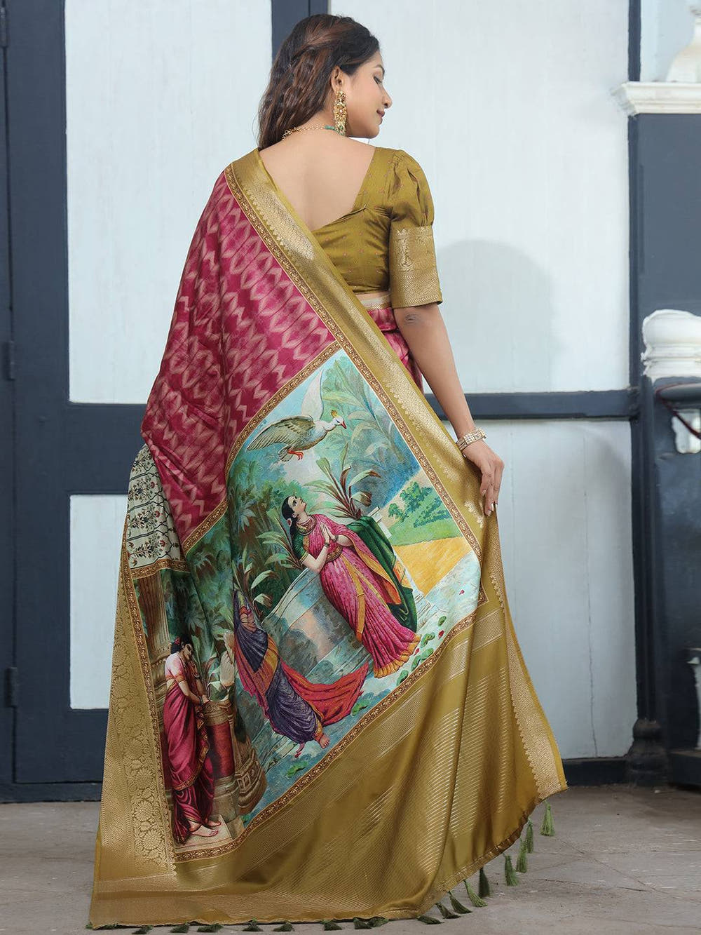 Magenta Pure Viscose Dola Silk Saree With Kalamkari And Mughal Print - Luxe