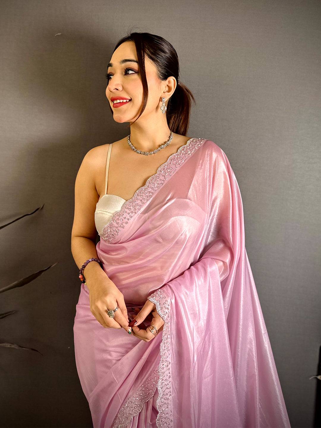 Radiant Silver Glass Stone Work Silk Saree