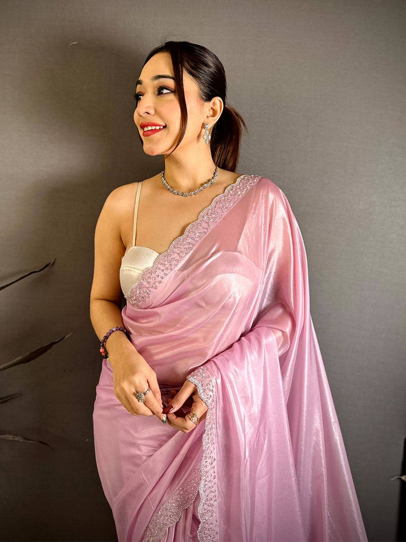 Radiant Silver Glass Stone Work Silk Saree
