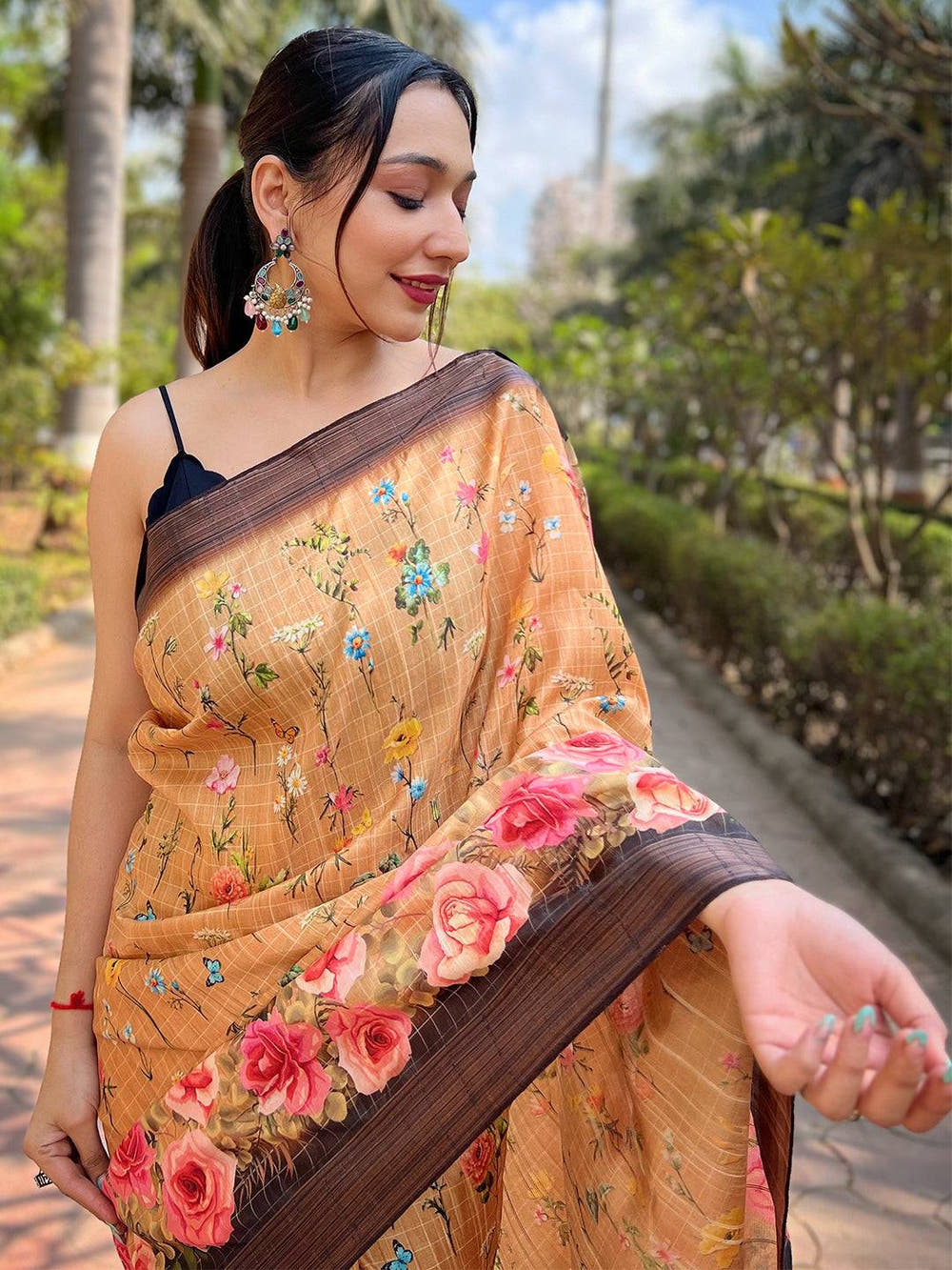 Orange Soft Silk Copper Zari Weaving Digital Floral Saree