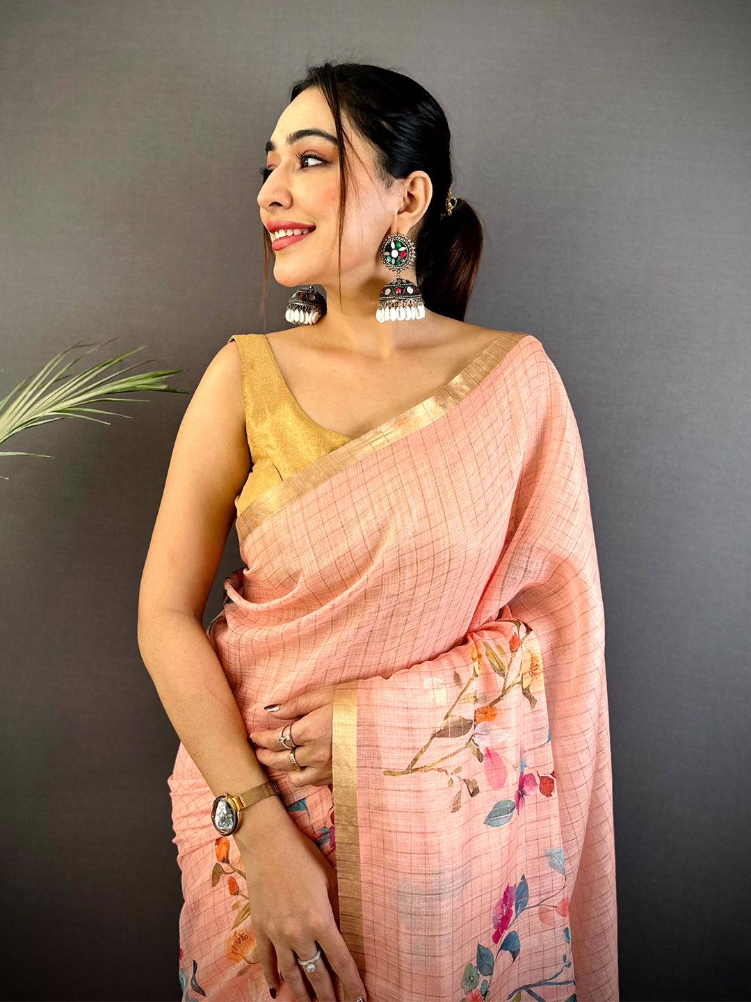 Peach Linen Chex Floral  Saree