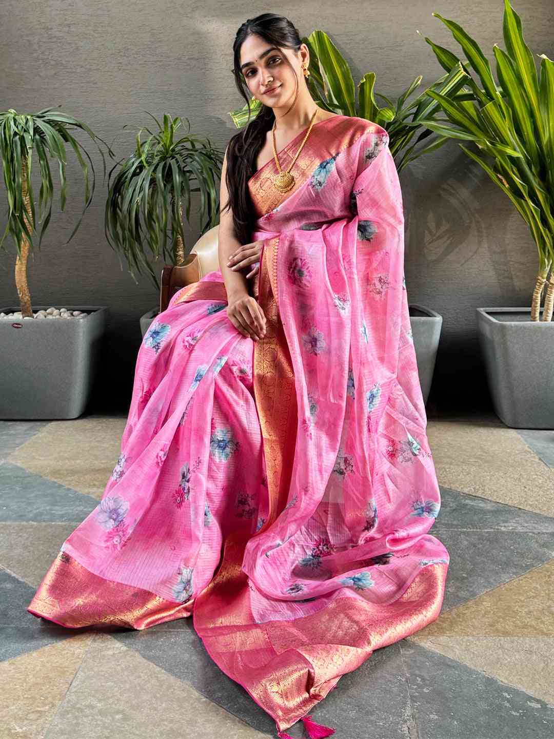 Latest Pink Colour Digital Flower Print Kota Silk Saree