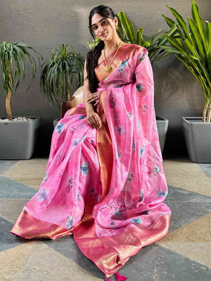 Latest Pink Colour Digital Flower Print Kota Silk Saree