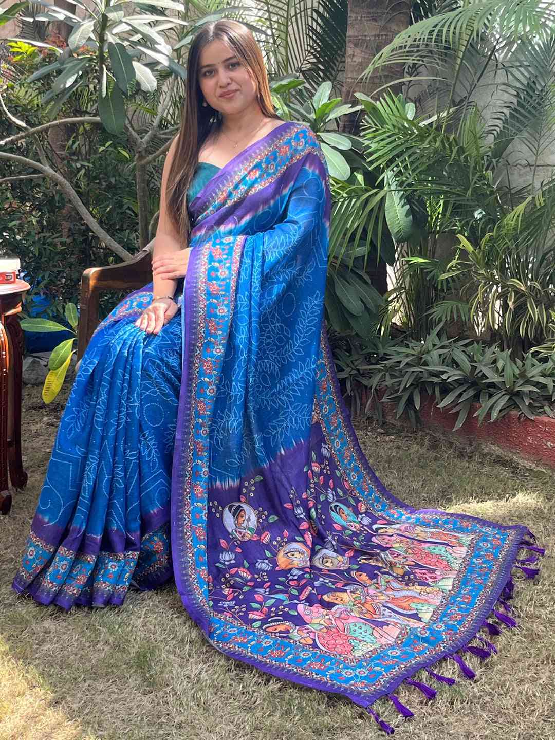 Royal Blue Design Linen Saree with Bandhej and kalamkari Digital Print