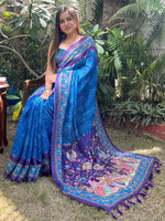 Royal Blue Design Linen Saree with Bandhej and kalamkari Digital Print