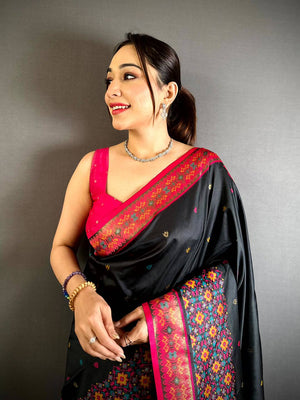Black Double Ikat Soft Silk Saree