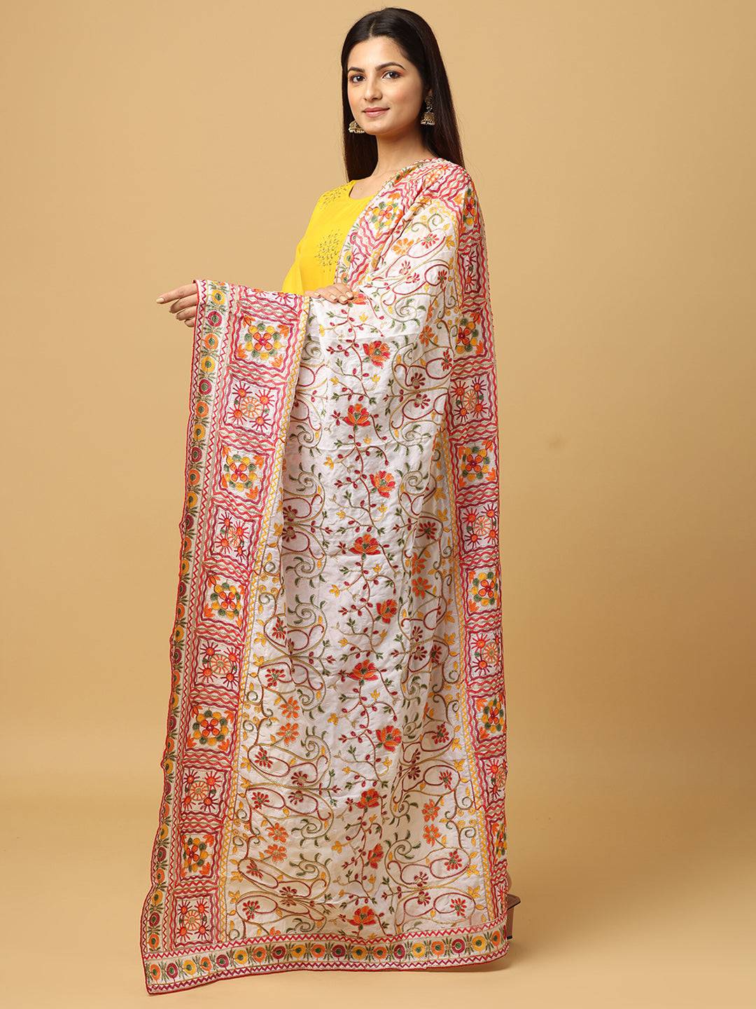 Ivory Pink Fine Floral Pashmina Dupatta