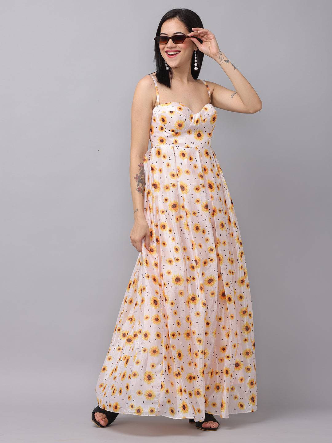 White Sunflower Printed Dress
