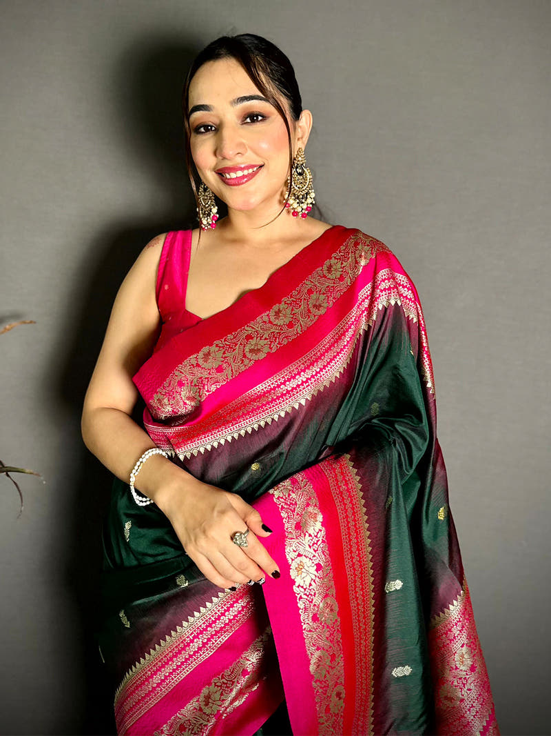 Gold Zari Woven Bottle Green Soft Silk Saree