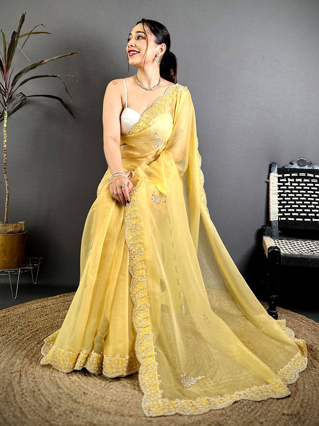 Yellow Pearl Zarkhond Chiffon Tissue Saree
