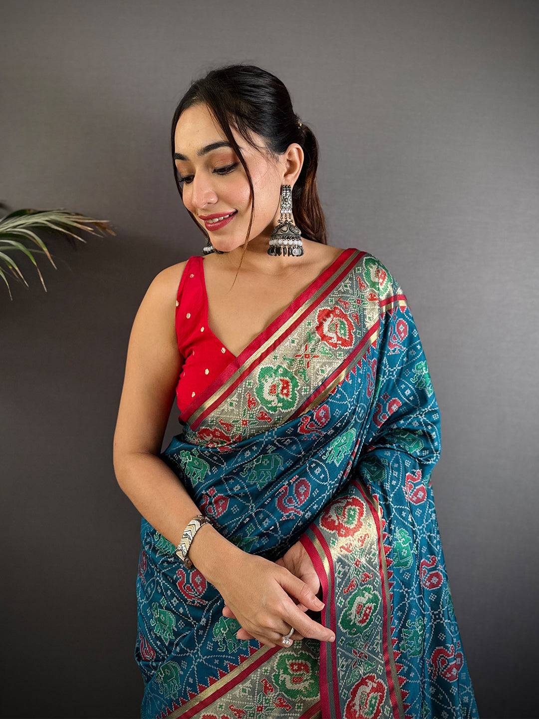 Elegant Denim Blue Pochampally Patola Silk Saree