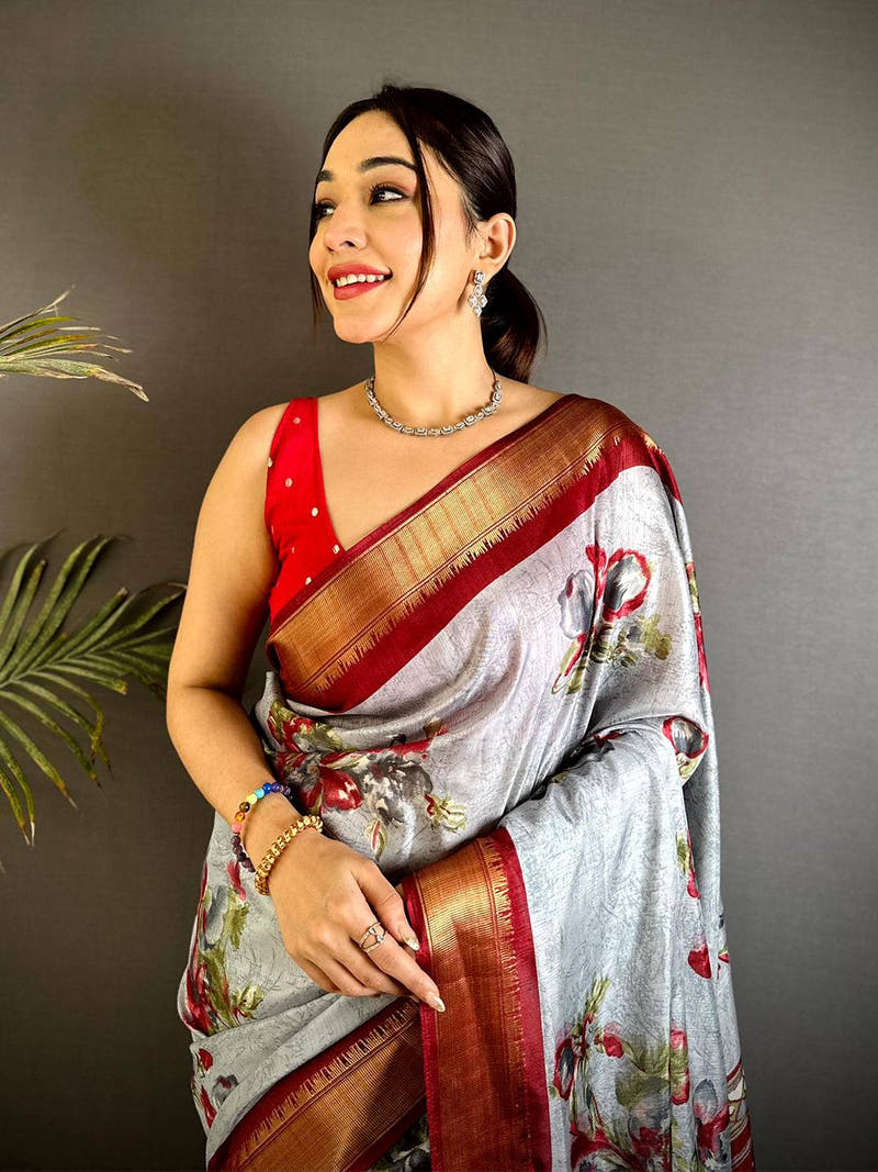 Radiant Red Floral Dola Silk Saree
